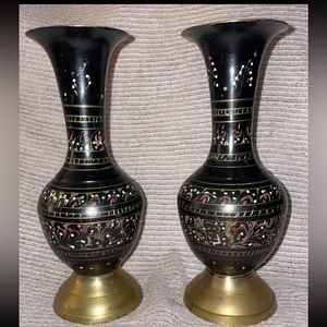 2 Vintage Brass Vases. Etched brass and black vases.